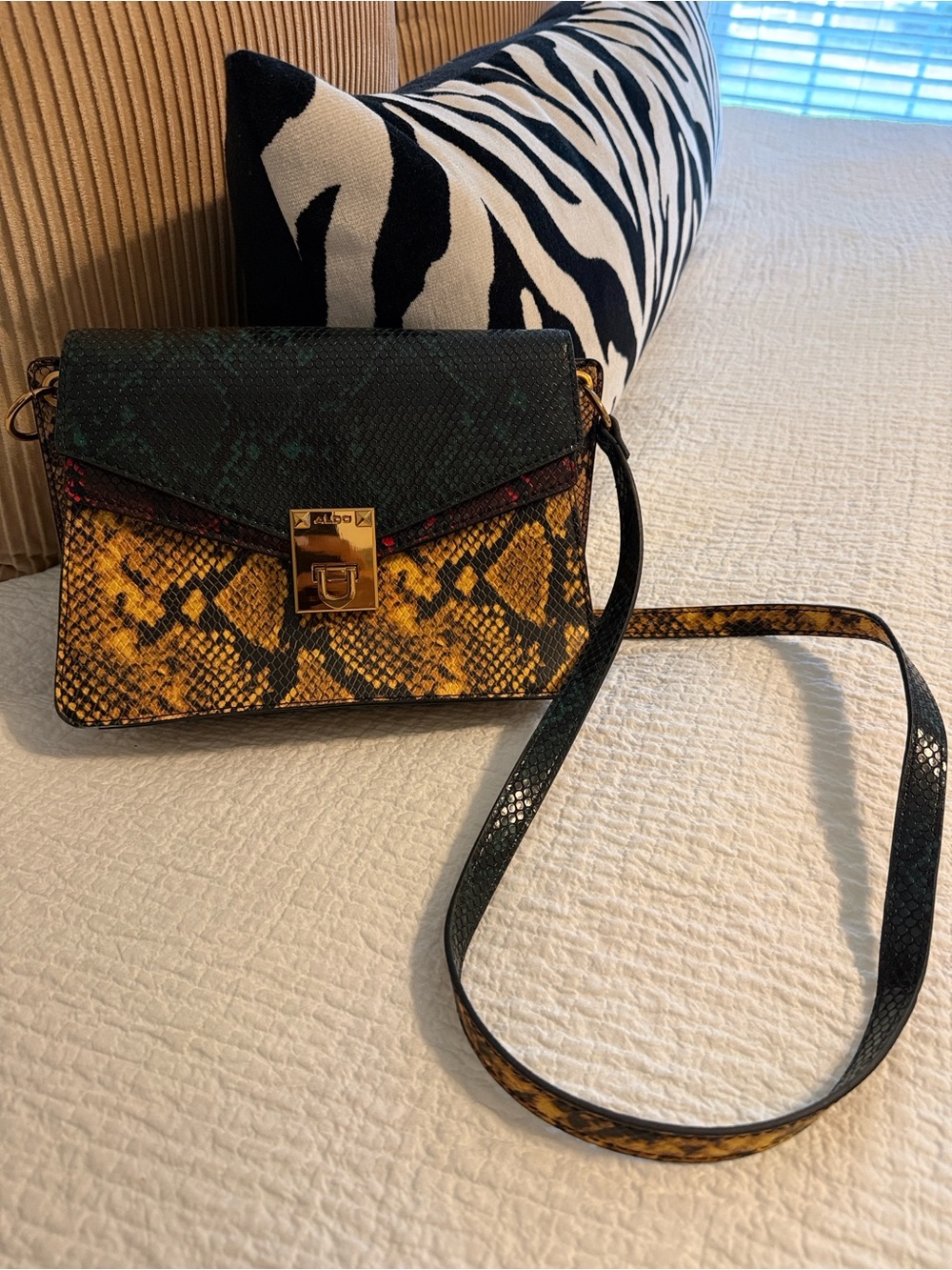 Aldo Yellow and Dark Green Snake-Print Crossbody with Gold Hardware